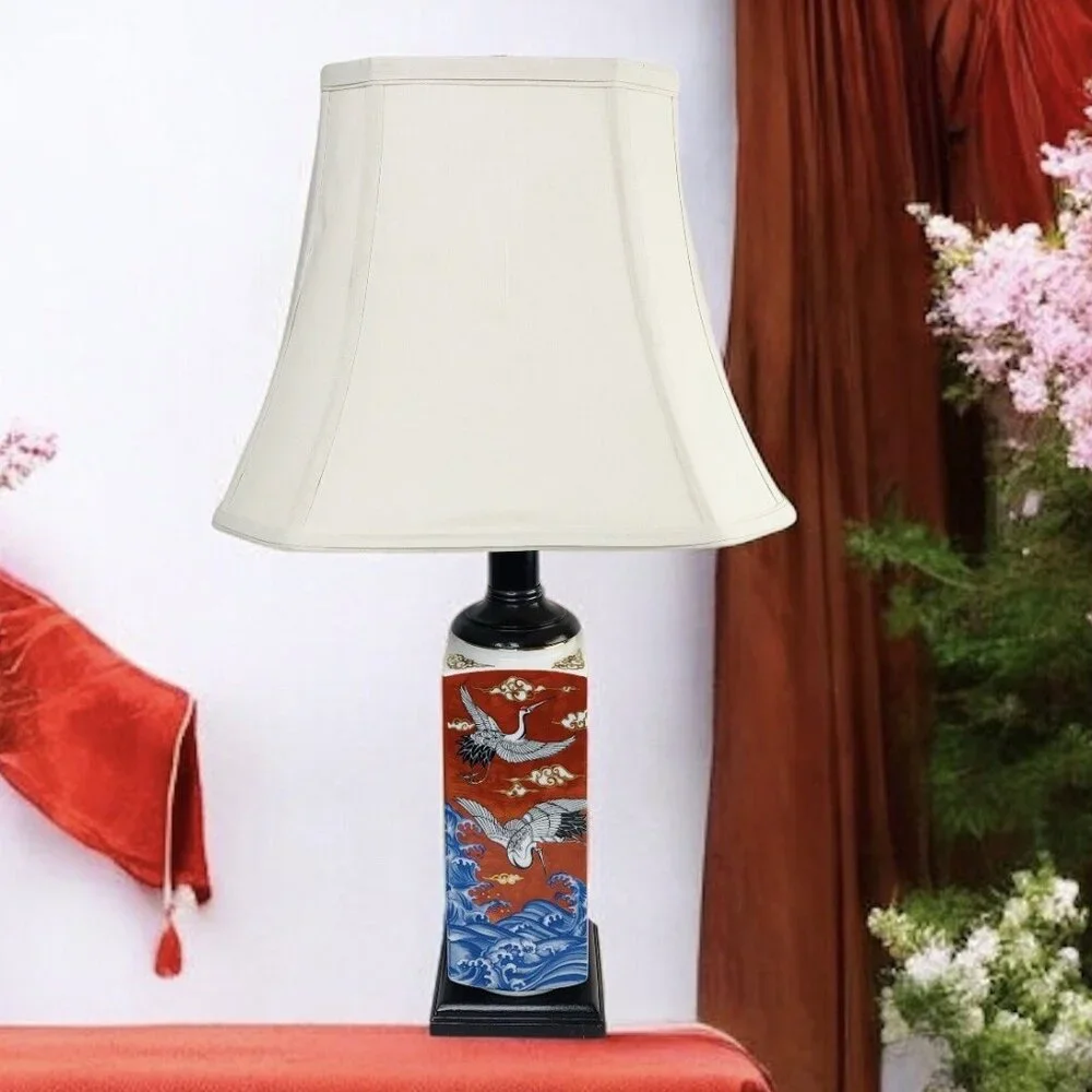 Chinese Square Orange Red Porcelain Lamp Shade Birds Sea Cloud Gold Hand painted